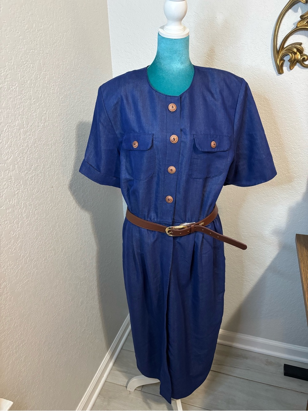 Vintage Lady Carol Denim Type Midi Dress Belted Pockets Blue  Cottagecore Praire